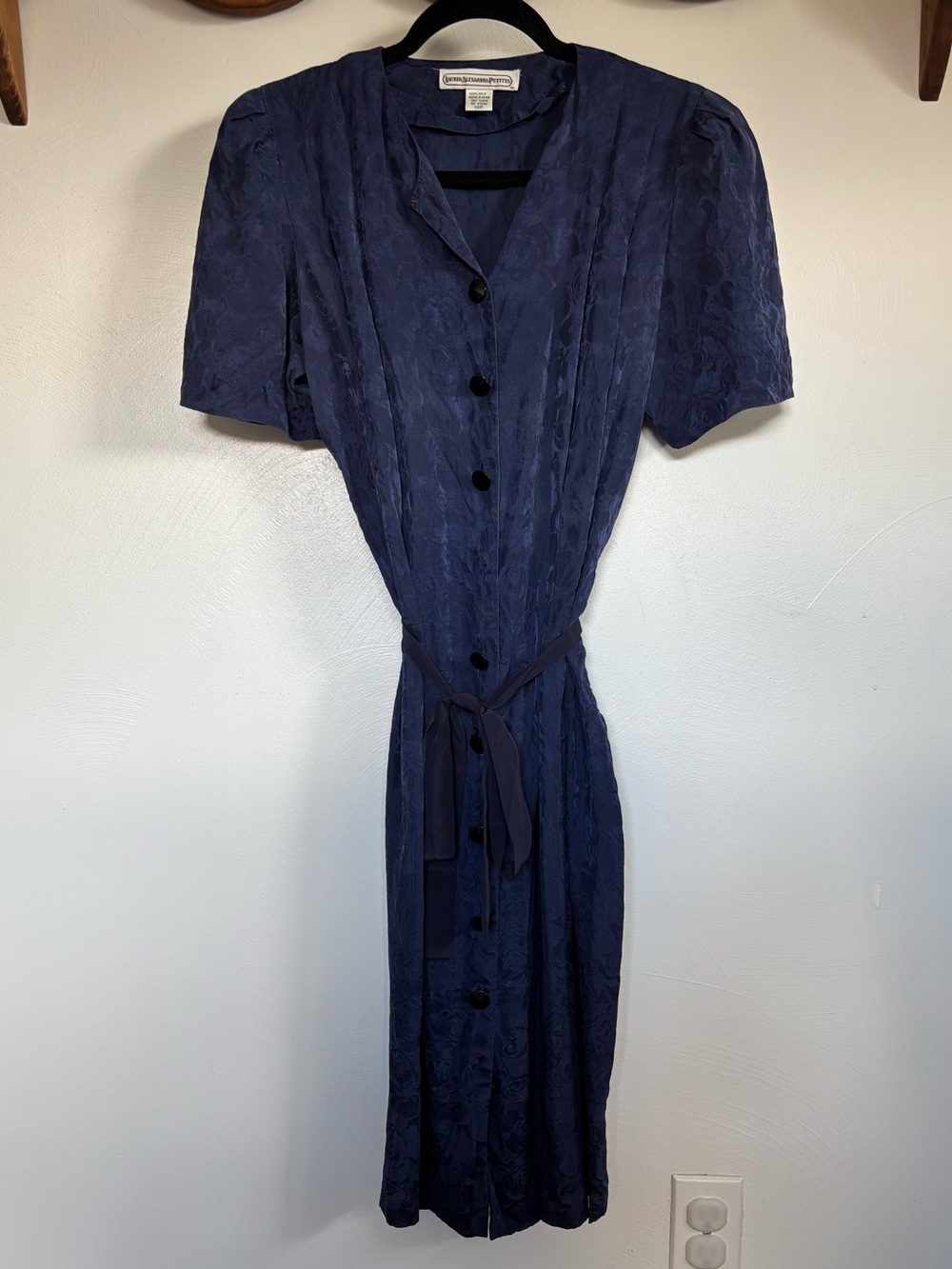 Vintage 1990s Lauren Alexandra Petites Silk Jacquard Midi Dress 12P Blue